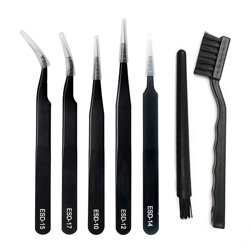 SCHOFIC 7 Pcs ESD AntiStatic Tool Tweezers Set Made of Stainless Steel With ESD Brush Black - Image 1
