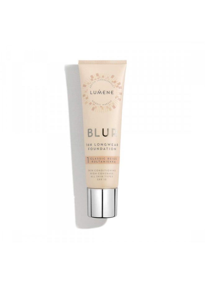Lumene 16h Longwear Blur Foundation SPF 15 for All Skin Types High Coverage with Arctic Cloudberry 30 ml / 1.0 Fl.Oz. (1 Classic Beige)