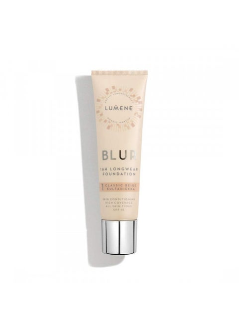 Lumene 16h Longwear Blur Foundation SPF 15 for All Skin Types High Coverage with Arctic Cloudberry 30 ml / 1.0 Fl.Oz. (1 Classic Beige)