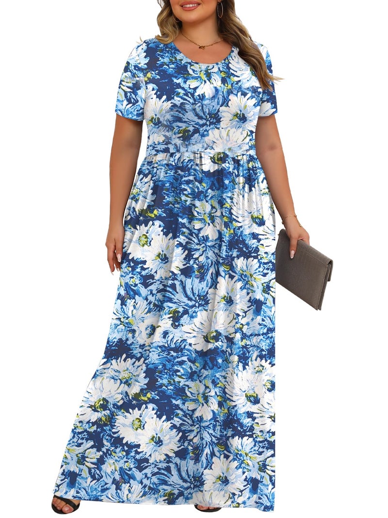 Tencede Womens Plus Size Maxi Dresses Summer 2026 Casual Short Sleeve with Pockets Long Dress White Chrysanthemum 4X - Image 3