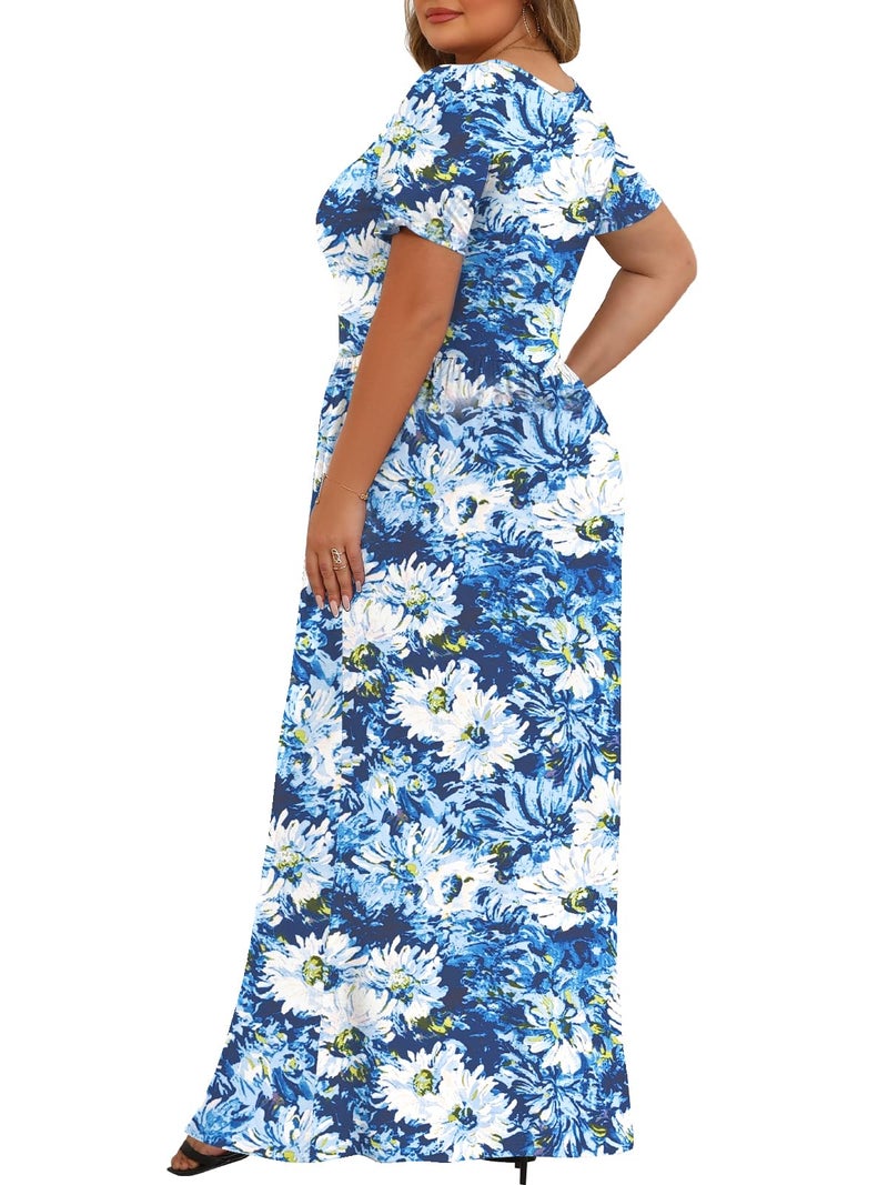Tencede Womens Plus Size Maxi Dresses Summer 2026 Casual Short Sleeve with Pockets Long Dress White Chrysanthemum 4X - Image 4