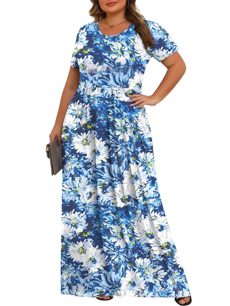 Tencede Womens Plus Size Maxi Dresses Summer 2026 Casual Short Sleeve with Pockets Long Dress White Chrysanthemum 4X - Image 2