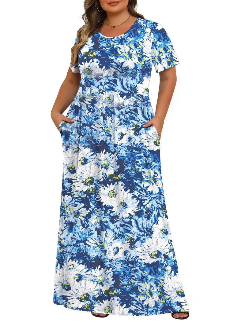Tencede Womens Plus Size Maxi Dresses Summer 2026 Casual Short Sleeve with Pockets Long Dress White Chrysanthemum 4X - Image 1
