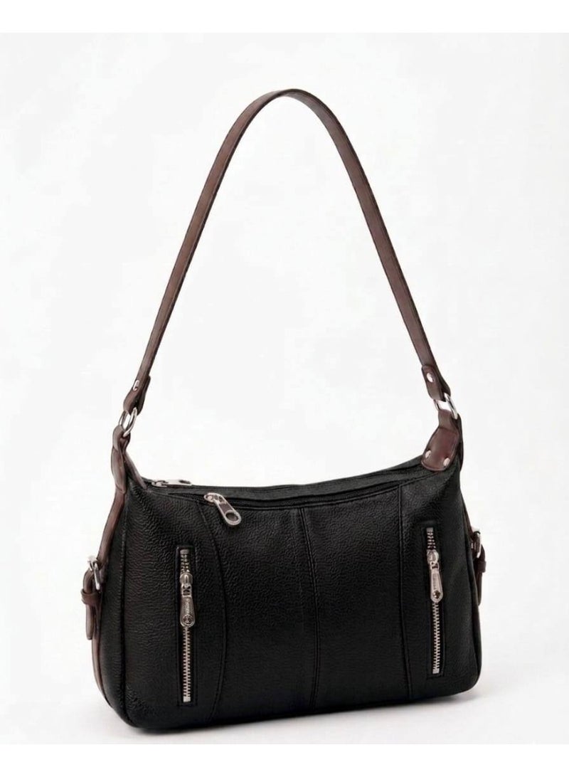 Women’s Black Shoulder & Crossbody Leather Bag with Multi-Pocket Design - Image 2