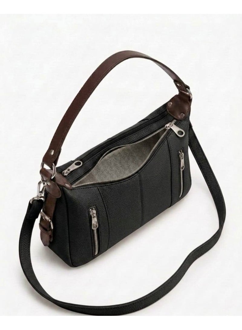 Women’s Black Shoulder & Crossbody Leather Bag with Multi-Pocket Design - Image 3
