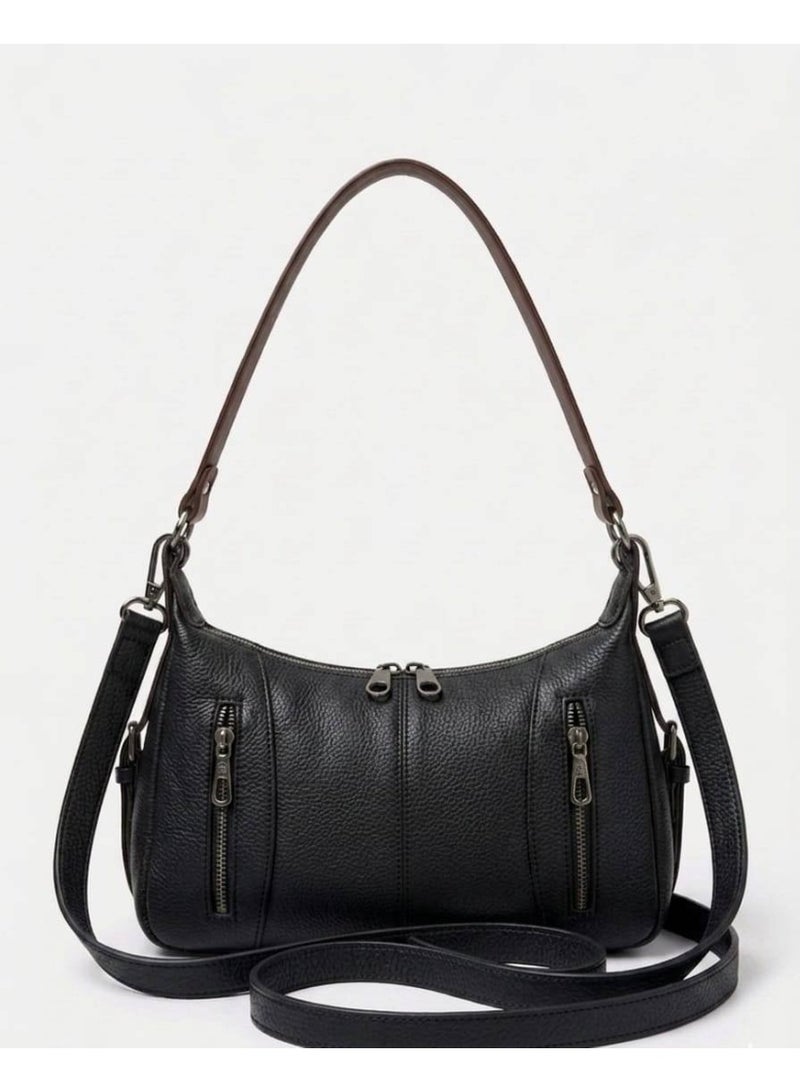 Women’s Black Shoulder & Crossbody Leather Bag with Multi-Pocket Design - Image 1