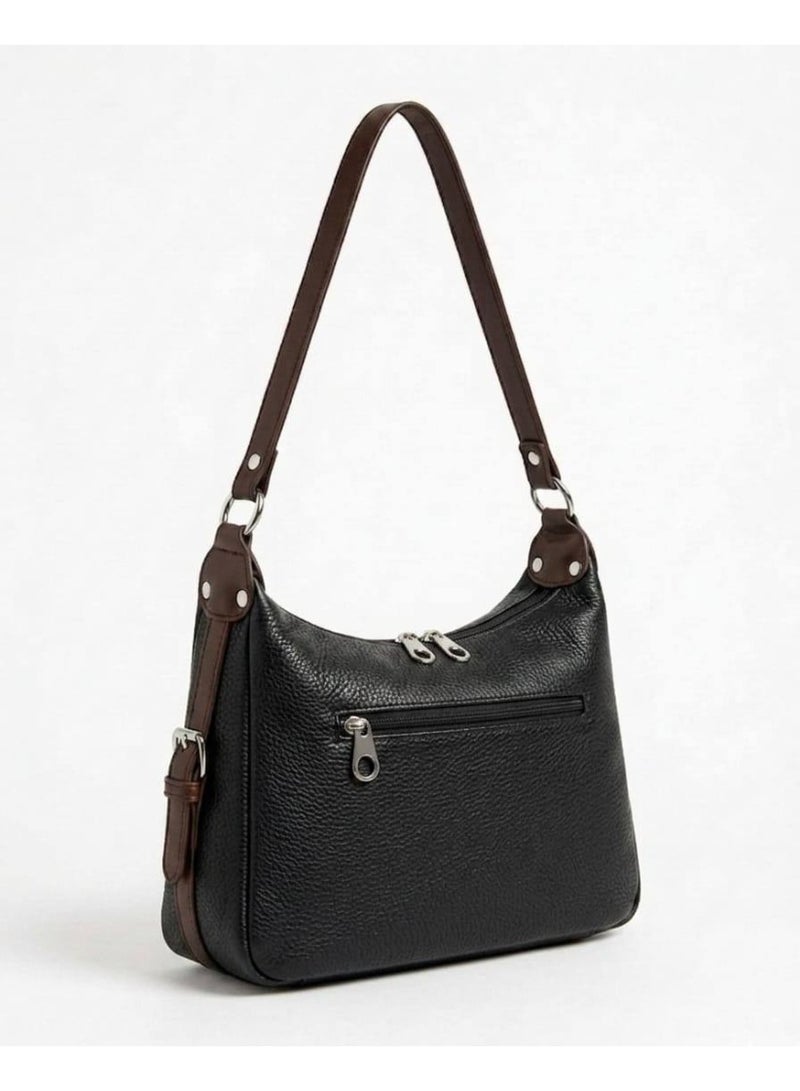 Women’s Black Shoulder & Crossbody Leather Bag with Multi-Pocket Design - Image 4