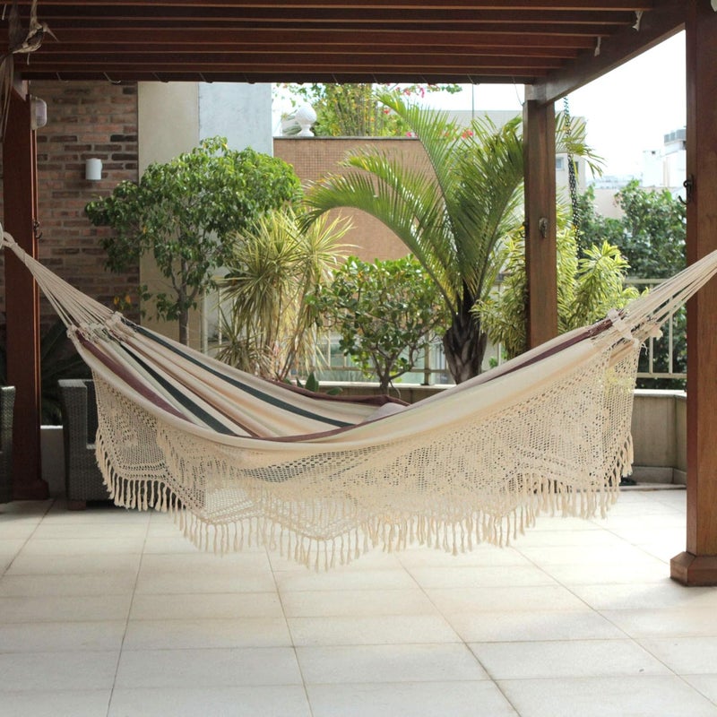 NOVICA NOVICA Dark Green Brown White Stripe 2 Person Cotton Brazilian Hammock with White Crochet Fringe Joyous Earth Double  - Image 3