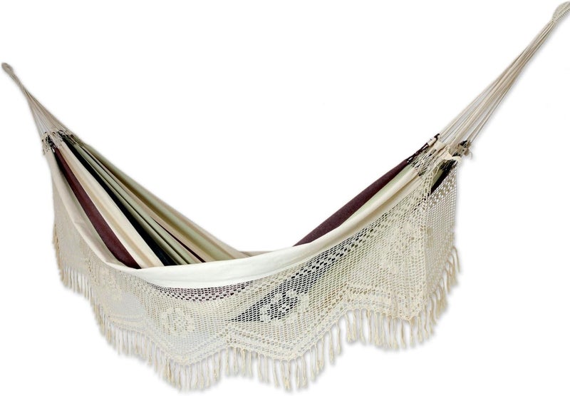 NOVICA NOVICA Dark Green Brown White Stripe 2 Person Cotton Brazilian Hammock with White Crochet Fringe Joyous Earth Double  - Image 5
