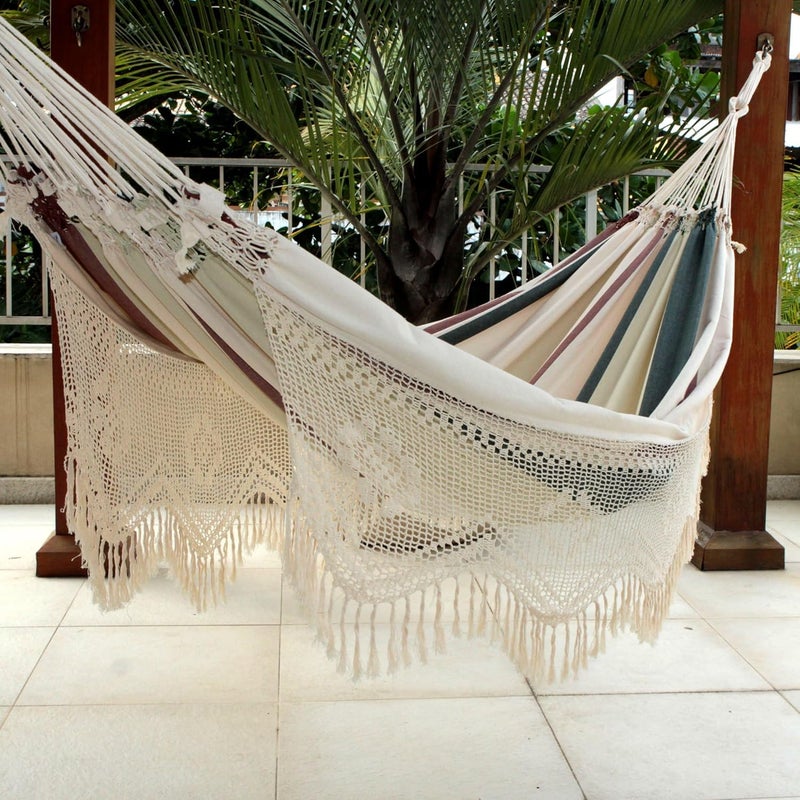 NOVICA NOVICA Dark Green Brown White Stripe 2 Person Cotton Brazilian Hammock with White Crochet Fringe Joyous Earth Double  - Image 4