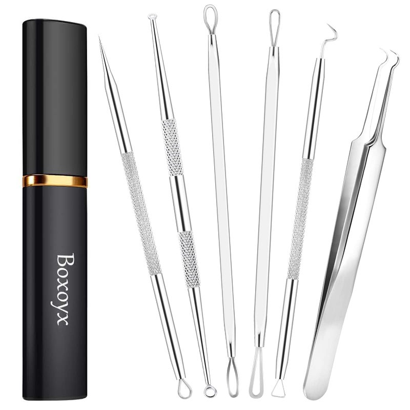 Boxoyx Pimple Popper Tool Kit - 6 Pcs Blackhead Remover Comedone Extractor Tool Kit with Metal Case for Quick and Easy Removal of Pimples, Blackheads, Zit Removing, Forehead, Facial and Nose(Silver) - Image 1
