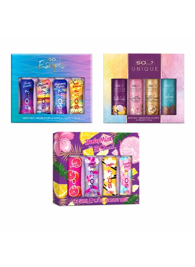 So..? SO…? Women’s Body Mist Gift Set Bundle – Summer Escapes, Body Mist by So…? & So…? Unique Mini Fragrance Sets, 12 x 50ml Body Mist Sprays, Pack of 3 Gift Sets - Image 1