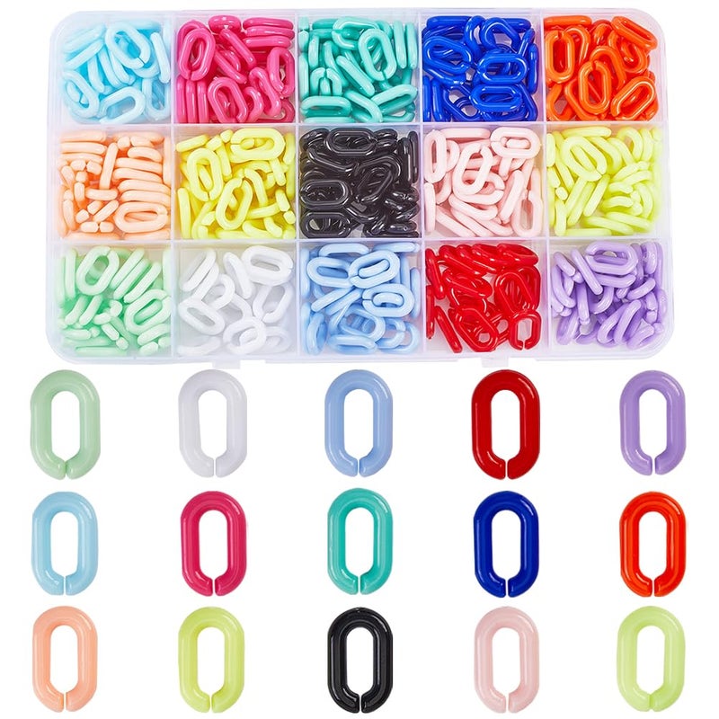 SOFPLATE 420Pcs 15 Colors Acrylic Links Chain Jewelry Linking Rings Opaque Rainbow Colorful Oval Cable Curb Open Clip Hooks Quick Link Connector for Jewelry Making Necklace Chains Purse DIY Crafts