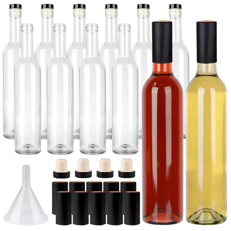 GUANENA 12 Pack 16oz Clear Glass Bottles with Cork Lids and PVC Shrink Capsules 500 ml Empty Home Brewing Wine Bottles with Funnel for Sparkling Wine Juice Kombucha Beverages