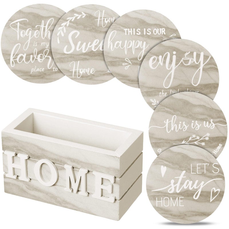 Queekay Housewarming Gifts for Home Decoration Wooden Heart Coasters for Drinks 6 Set Farmhouse Coasters with Holder Funny for Family Coffee Table Protection 4Brown MarbleHome