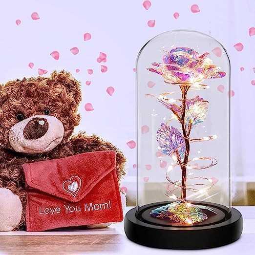 RudraLand Preserved Flower Gift Light Up Rose in Glass Dome Eternal Forever Rose Flower ValentinesAnniversaryWedding Gifts Rainbow Forever Rose in Glass Dome Crystal Flower - Image 2
