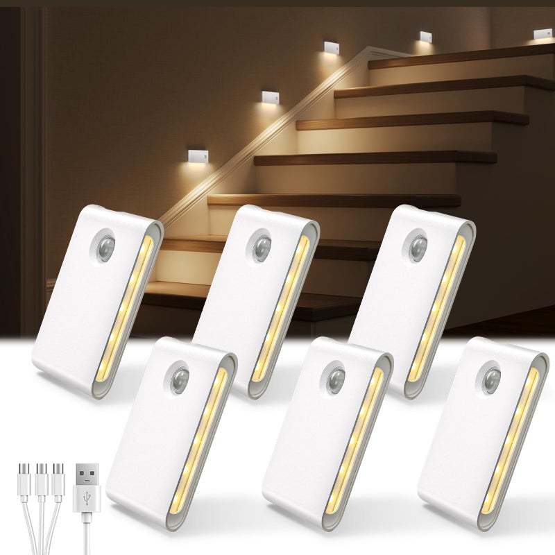 EZVALO 6 Pack Motion Sensor Night Lights, Sync LED Stair Lights Indoor, 1500mAh Rechargeable, Magnetic & Dimmable, 3000K Soft White, Portable Nightlight for Hallway, Stairs, Bathroom, Bedroom - Image 1