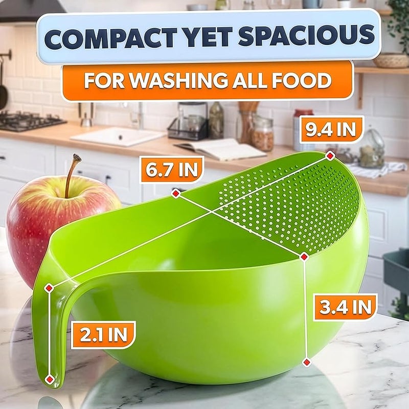 V TOWER Rice Washer Strainer Bowl - Quinoa Strainer with Handle Kitchen Strainer for Rice Veggie and Fruit Cleaner Plastic Colander with Handle - Vegetable Washer Green Rice Rinser Strainer - Image 2