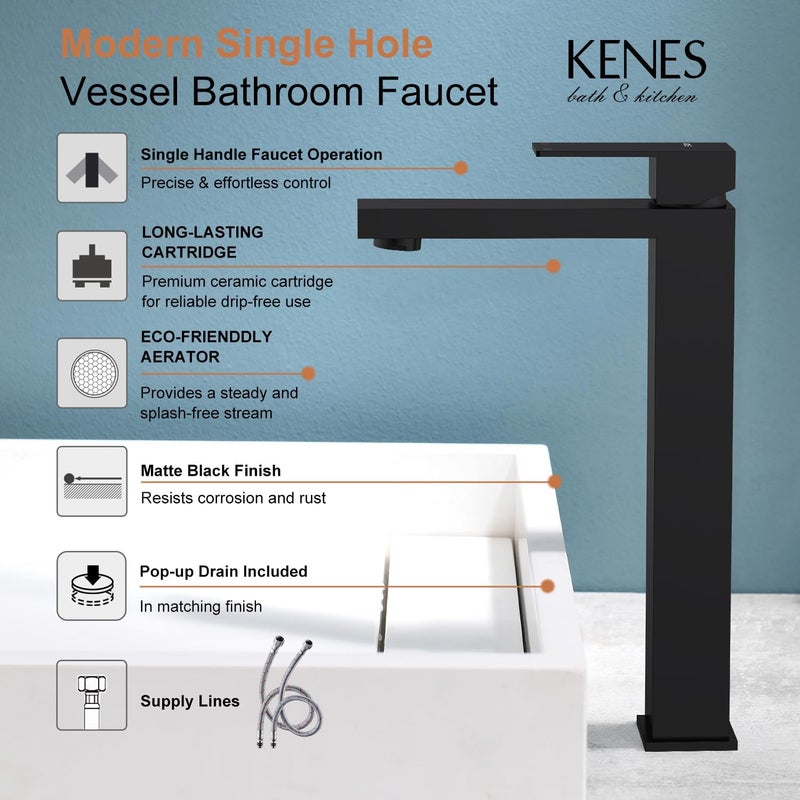 KENES Matte Black Bathroom Faucet Single Handle Tall Vessel Sink Faucet Vanity Bathroom Faucet Basin Mixer Tap with Water Supply Hose and Pop Up Sink Drain, LJ-9031A-2 - Image 3