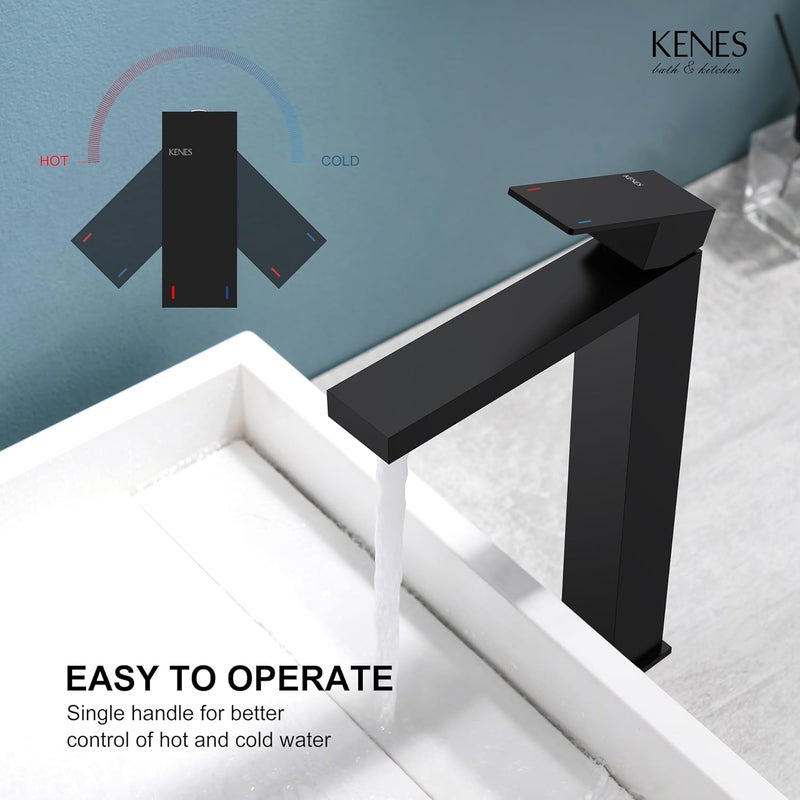 KENES Matte Black Bathroom Faucet Single Handle Tall Vessel Sink Faucet Vanity Bathroom Faucet Basin Mixer Tap with Water Supply Hose and Pop Up Sink Drain, LJ-9031A-2 - Image 4