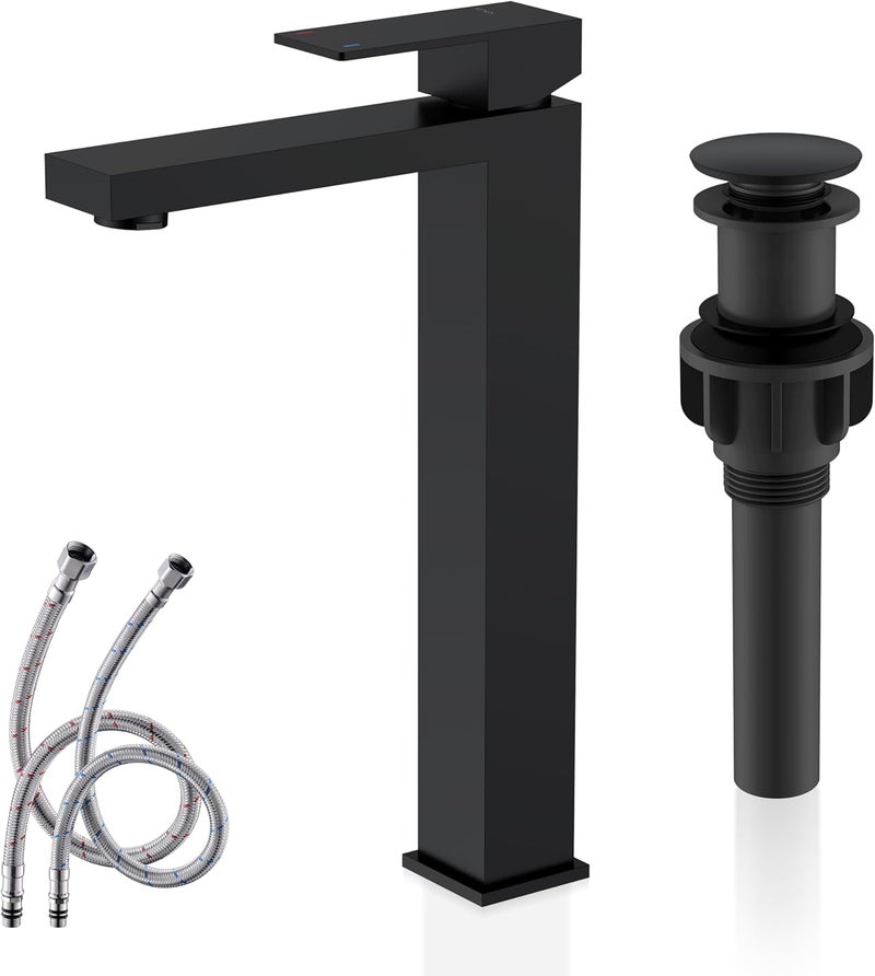 KENES Matte Black Bathroom Faucet Single Handle Tall Vessel Sink Faucet Vanity Bathroom Faucet Basin Mixer Tap with Water Supply Hose and Pop Up Sink Drain, LJ-9031A-2 - Image 1