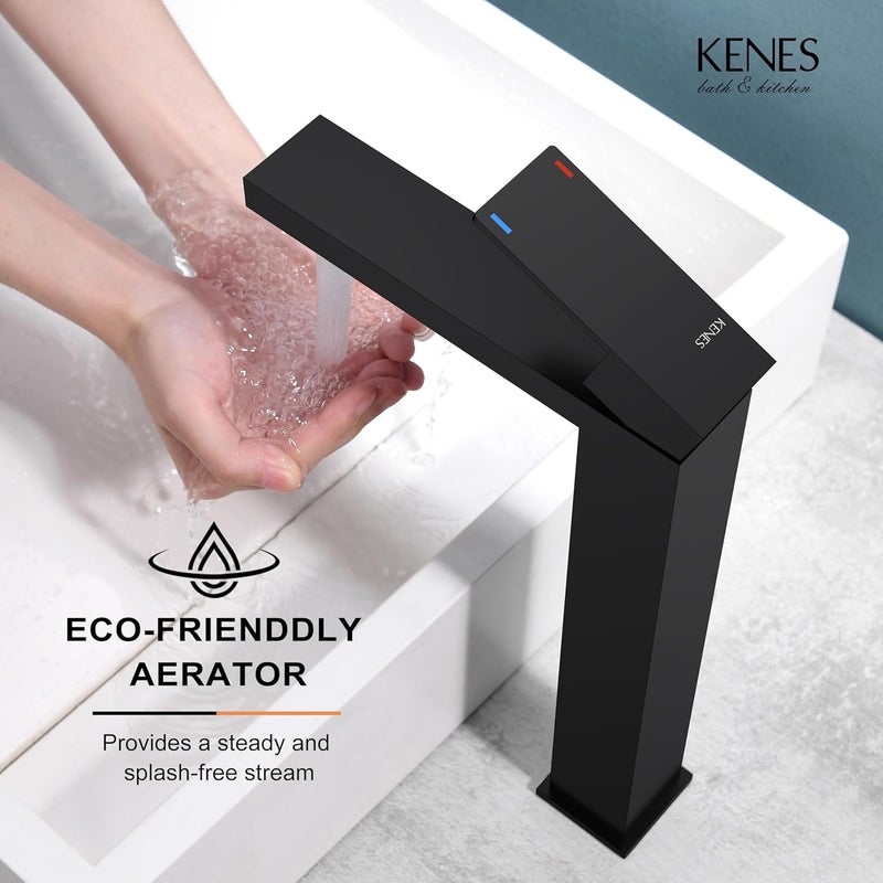 KENES Matte Black Bathroom Faucet Single Handle Tall Vessel Sink Faucet Vanity Bathroom Faucet Basin Mixer Tap with Water Supply Hose and Pop Up Sink Drain, LJ-9031A-2 - Image 5