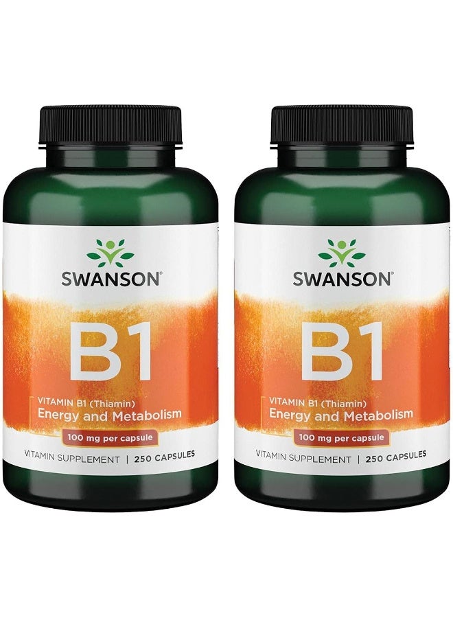 Swanson Vitamin B1 (Thiamin) - Promotes Healthy Metabolism and Provides Energy Support - Natural Vitamin Supplement Supporting Optimum Nerve Cell Function - (250 Capsules, 100mg Each) (2 Pack) - Image 1