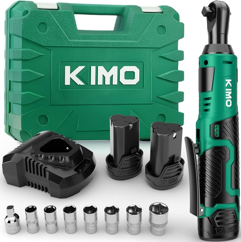 KIMO Cordless Electric Ratchet Wrench Set, 40Ft-lbs, 400RPM, 12V Cordless Ratchet Wrench 3/8" w/Variable Speed Trigger, 7Sockets, 1/4" Adapter, Forward/Reverse Switch, 2Battery Power Ratchet w/Charger - Image 1