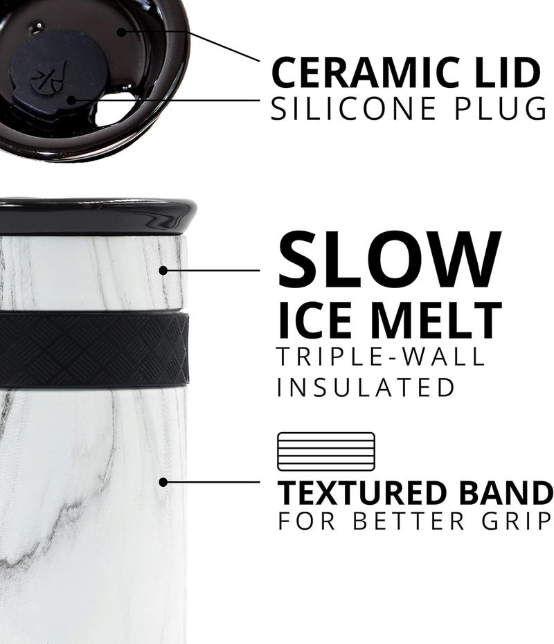 Elemental Artisan Insulated Tumbler, Triple Wall Coffee Travel Tumbler, Reusable Stainless Steel Coffee Tumbler with Ceramic Lid, Thermal Coffee Cup for Hot (6 Hrs) & Cold (18 Hrs) 12oz - White Marble - Image 5