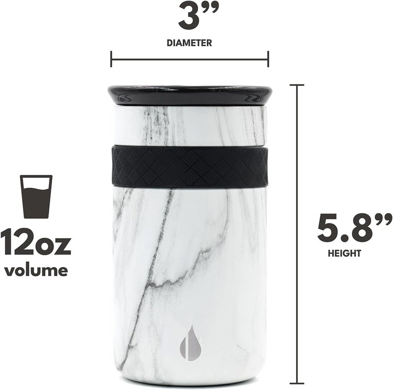Elemental Artisan Insulated Tumbler, Triple Wall Coffee Travel Tumbler, Reusable Stainless Steel Coffee Tumbler with Ceramic Lid, Thermal Coffee Cup for Hot (6 Hrs) & Cold (18 Hrs) 12oz - White Marble - Image 2