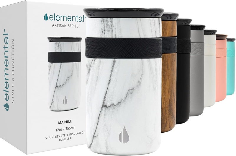 Elemental Artisan Insulated Tumbler, Triple Wall Coffee Travel Tumbler, Reusable Stainless Steel Coffee Tumbler with Ceramic Lid, Thermal Coffee Cup for Hot (6 Hrs) & Cold (18 Hrs) 12oz - White Marble - Image 1