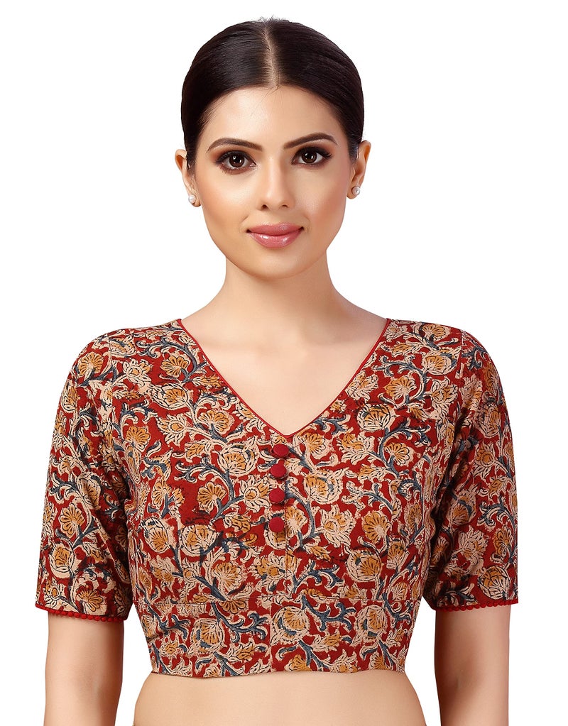 Studio Shringaar Women's Readymade Cotton Kalamkari Printed Saree Blouse with Elbow Length Sleeves (Brick Red & Beige 40) - Image 1