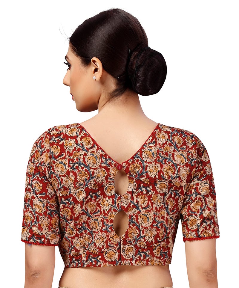 Studio Shringaar Women's Readymade Cotton Kalamkari Printed Saree Blouse with Elbow Length Sleeves (Brick Red & Beige 40) - Image 2