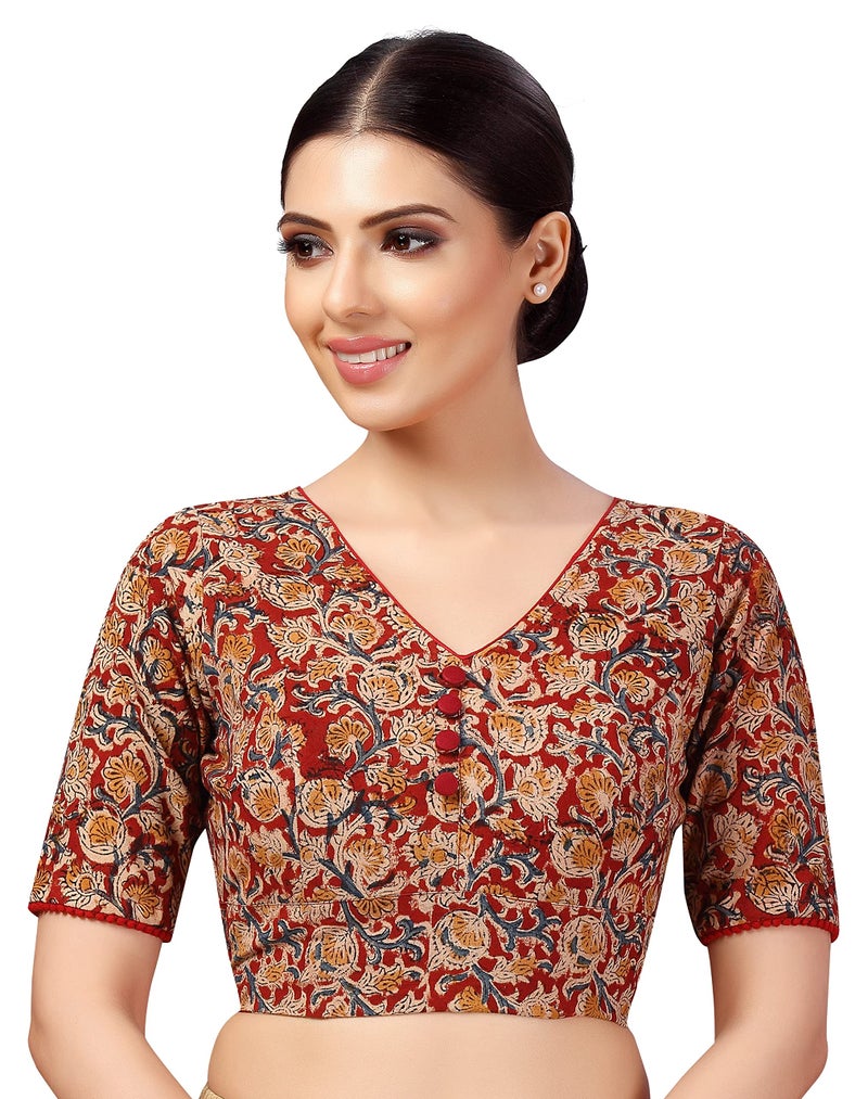 Studio Shringaar Women's Readymade Cotton Kalamkari Printed Saree Blouse with Elbow Length Sleeves (Brick Red & Beige 40) - Image 5