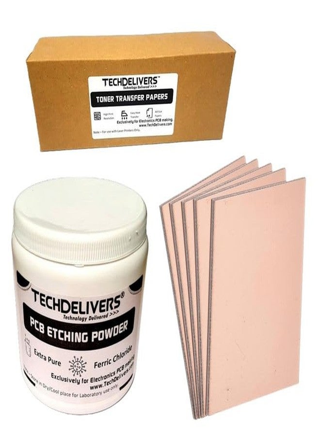TECHDELIVERS® 5 قطع لوحة نحاسية PCB 15x10 سم | كلوريد الحديد (FeCl3) لنقش PCB 500 جرام | 10 ورقات نقل الحبر لـ PCB | صنع PCB في المنزل - Image 1