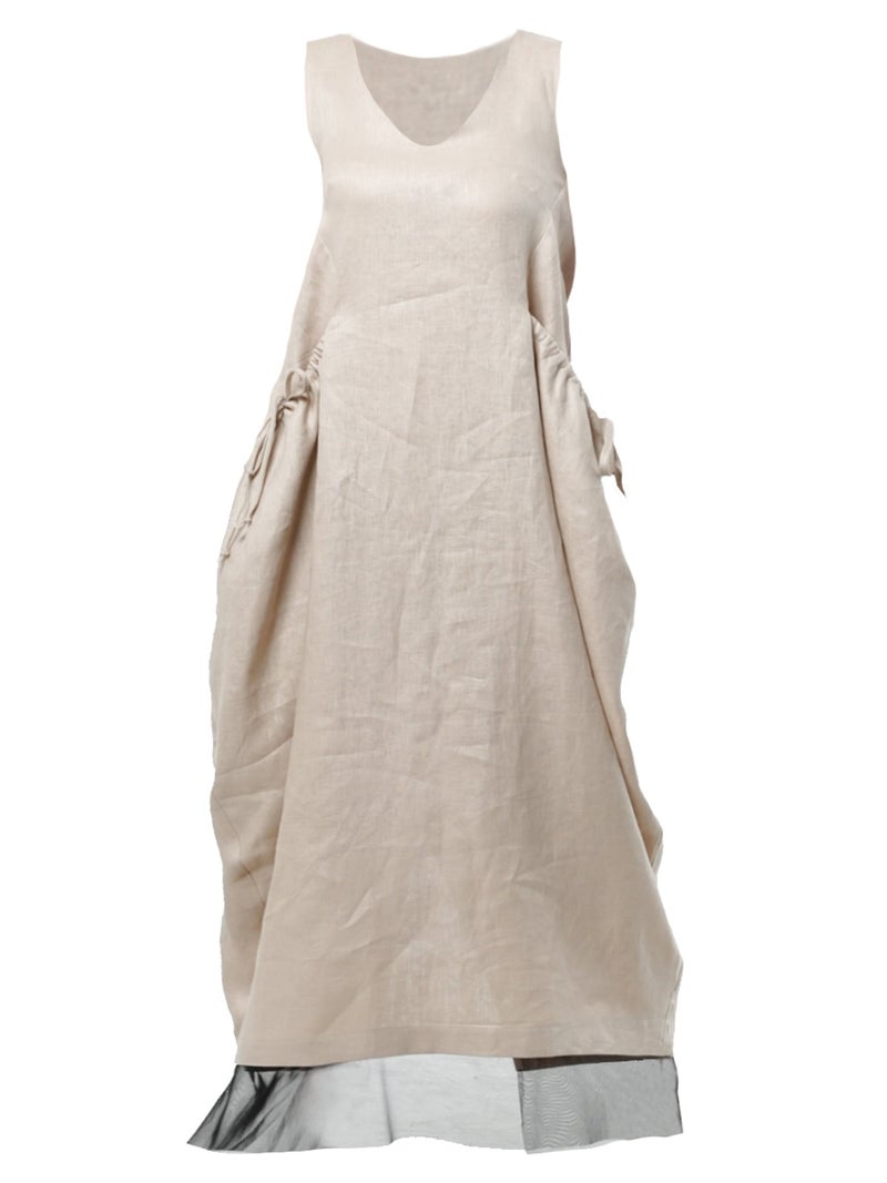 ميتامورفوزا فستان كتان طويل بقَصّة واسعة وجيوب كبيرة مميزة باللون البيج - Image 3