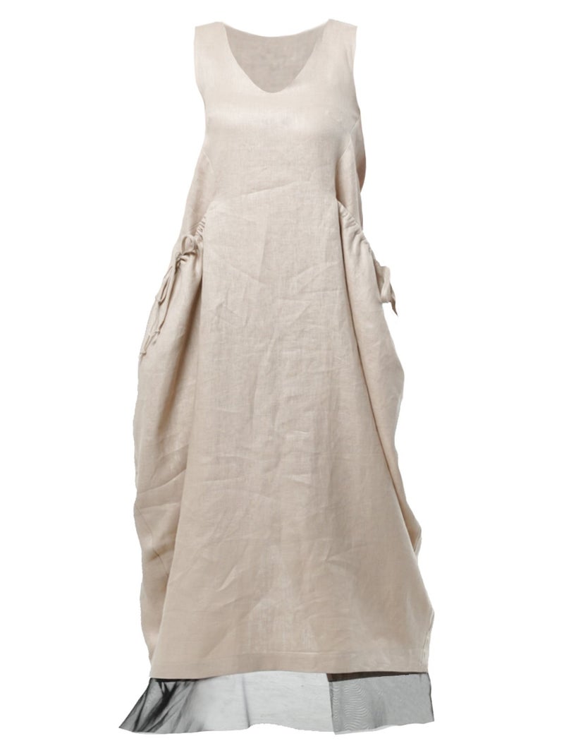 ميتامورفوزا فستان كتان طويل بقَصّة واسعة وجيوب كبيرة مميزة باللون البيج - Image 2