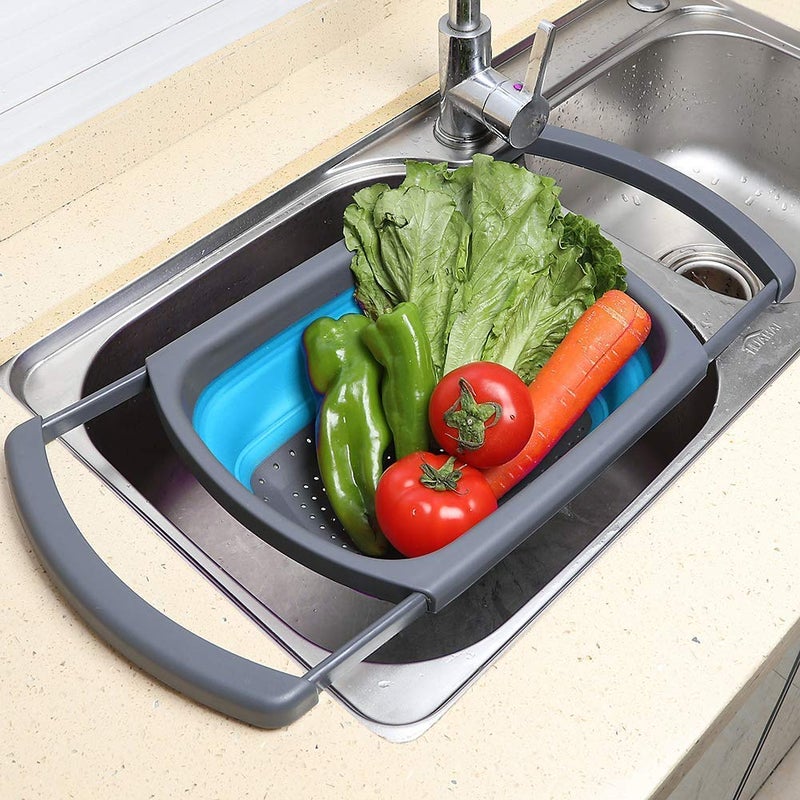 Collapsible Drain Basket Telescopic Handle Drain Kitchen Foldable Basket for Fruit Vegetables Silicone Drain Basin  - Image 1