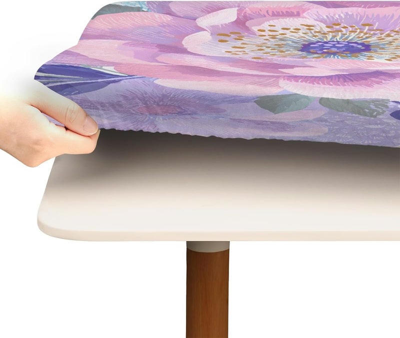 Pretty Floral Purple Square Fitted Tablecloth Waterproof Elastic Card Table Cover Stretch Wipeable Polyester Square Table Protector for Dining Kitchen Home Outdoor Picnic Decor,34x34inch - Image 4