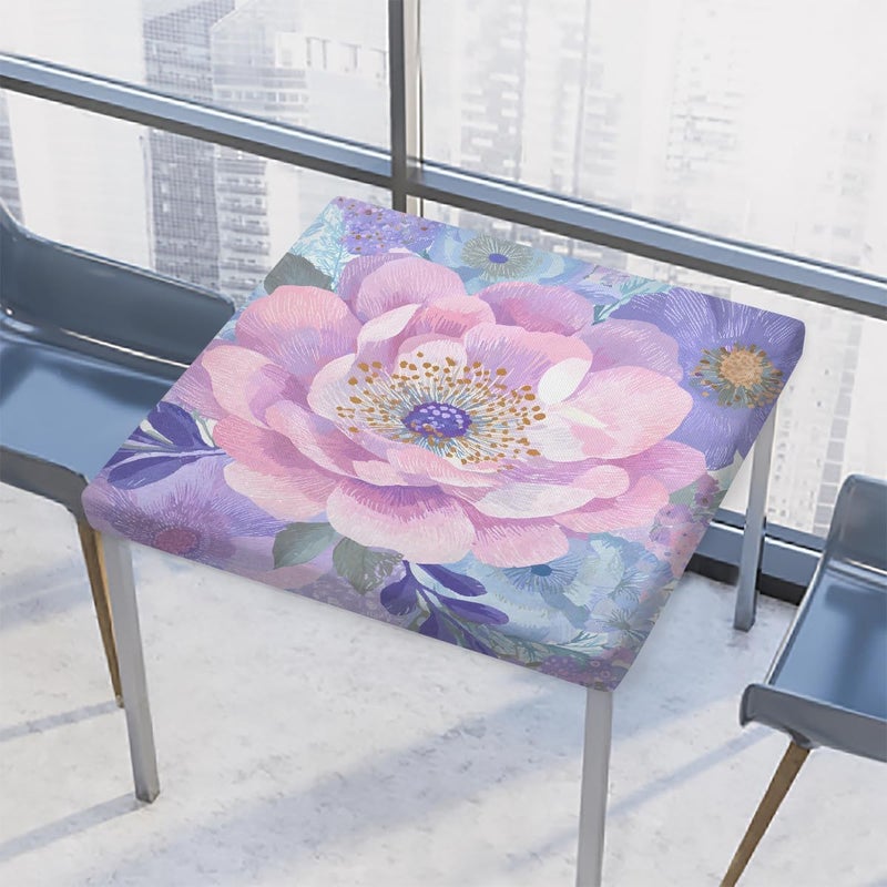 Pretty Floral Purple Square Fitted Tablecloth Waterproof Elastic Card Table Cover Stretch Wipeable Polyester Square Table Protector for Dining Kitchen Home Outdoor Picnic Decor,34x34inch - Image 1