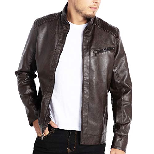 WULFUL Men's Stand Collar Leather Jacket Motorcycle Lightweight Faux Leather Outwear - Image 4