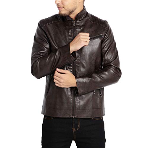 WULFUL Men's Stand Collar Leather Jacket Motorcycle Lightweight Faux Leather Outwear - Image 2