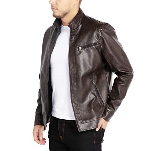 WULFUL Men's Stand Collar Leather Jacket Motorcycle Lightweight Faux Leather Outwear - Image 5