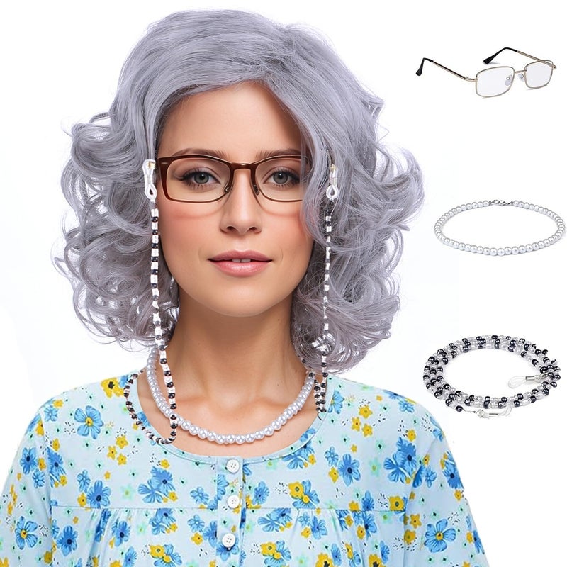 Old Lady Wig Granny Costume Wig Grandma Wig Short Curly Gray Wig for Women Sythetic Wigs with Wig Cap