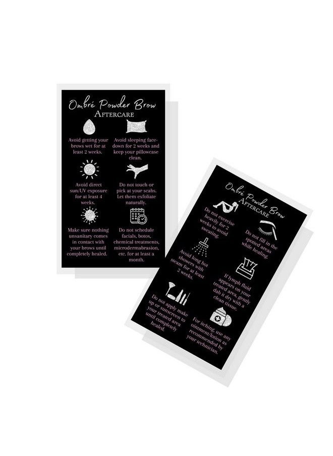 Boutique Marketing LLC - Ombre Powder Brow Aftercare Instructions Cards ; Package Of 50 ; Size 2X3.5" Inches Business Card ; Black Silver Glitter And Light Pink Design - Image 1