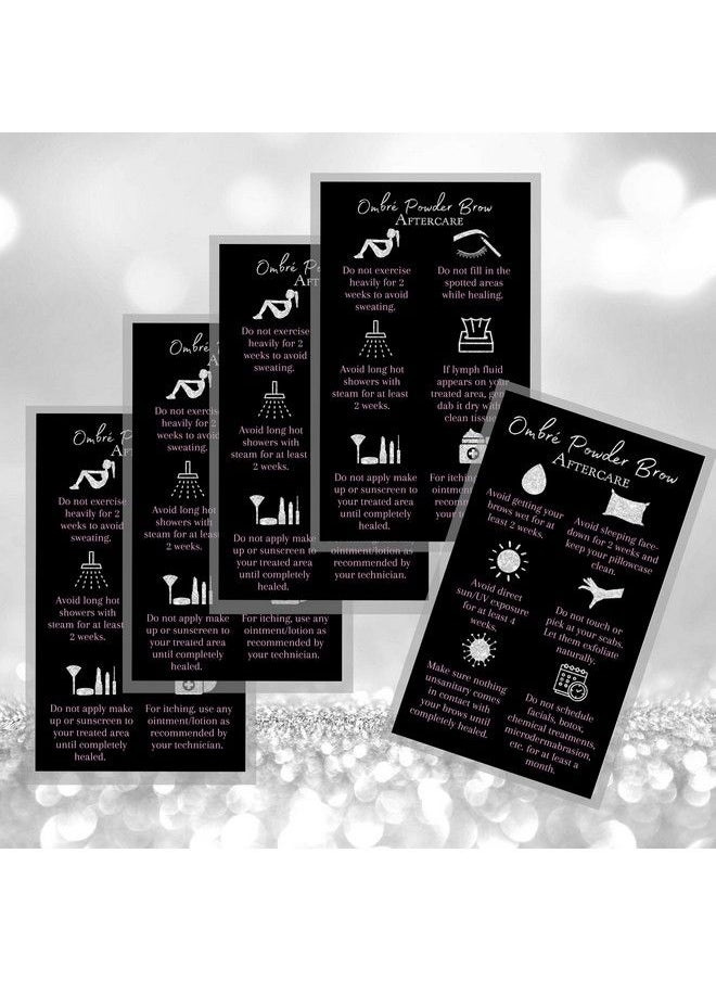 Boutique Marketing LLC - Ombre Powder Brow Aftercare Instructions Cards ; Package Of 50 ; Size 2X3.5" Inches Business Card ; Black Silver Glitter And Light Pink Design - Image 1