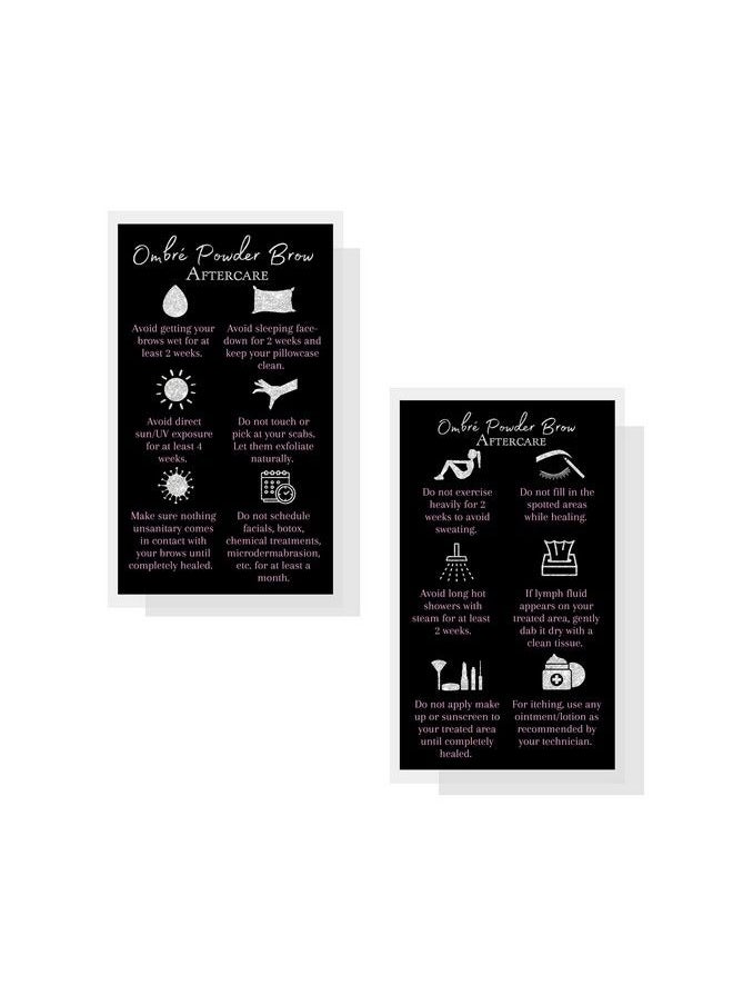 Boutique Marketing LLC - Ombre Powder Brow Aftercare Instructions Cards ; Package Of 50 ; Size 2X3.5" Inches Business Card ; Black Silver Glitter And Light Pink Design - Image 1