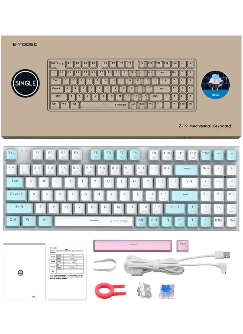 E-YOOSO - Z-19 94 keys Mechanical Keyboard, Blue Switches Wired Gaming Keyboard with Blue Backlit, Arrow Keys and Numpad for PC/Mac Gamer - White Blue - Image 1