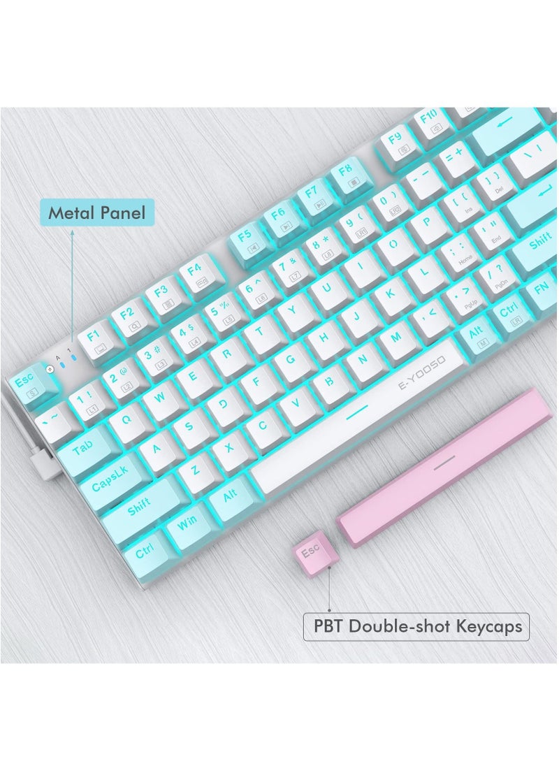 E-YOOSO - Z-19 94 keys Mechanical Keyboard, Blue Switches Wired Gaming Keyboard with Blue Backlit, Arrow Keys and Numpad for PC/Mac Gamer - White Blue - Image 1