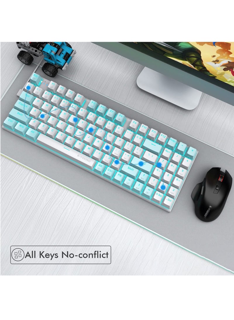 E-YOOSO - Z-19 94 keys Mechanical Keyboard, Blue Switches Wired Gaming Keyboard with Blue Backlit, Arrow Keys and Numpad for PC/Mac Gamer - White Blue - Image 1